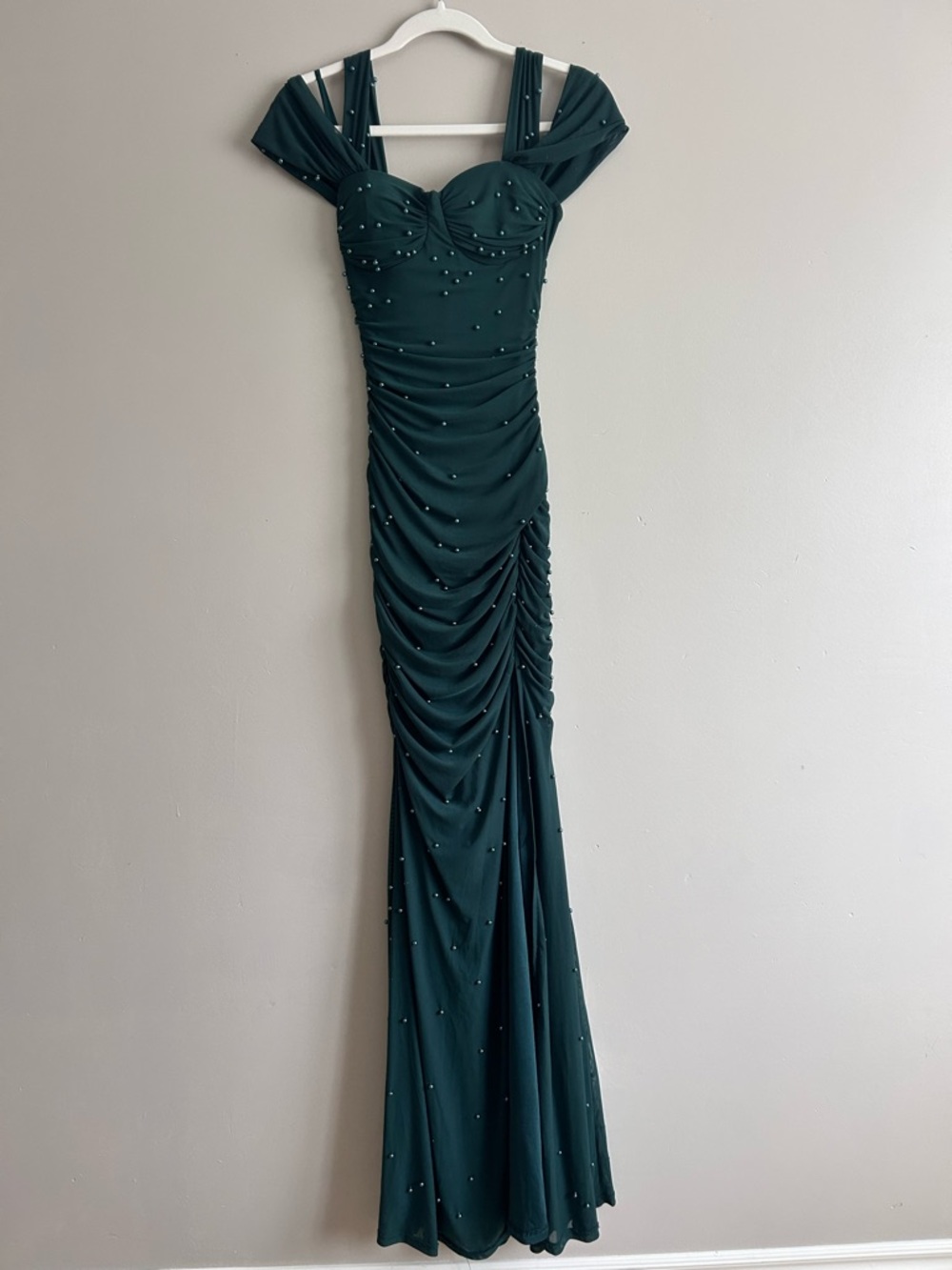 Windsor Emerald Green Off-Shoulder Ruched Maxi Gown